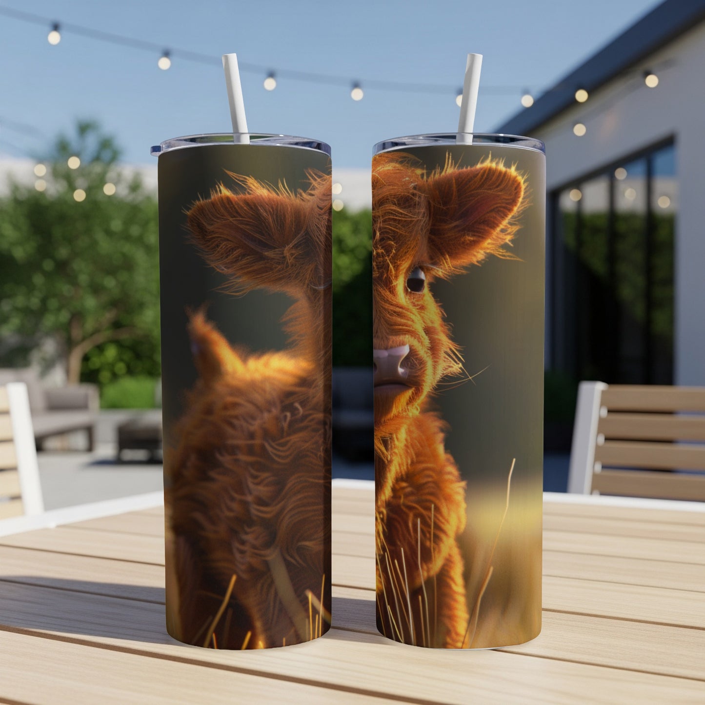 Fluffy Highland cow calf on two tumblers outdoors.