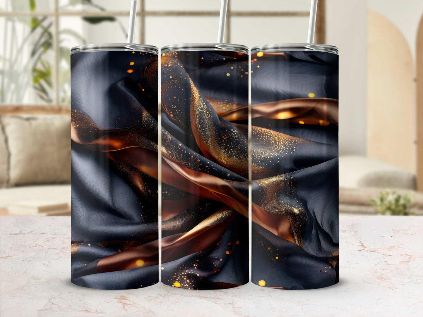 Dark blue fabric with gold accents and sparkles on a tumbler.