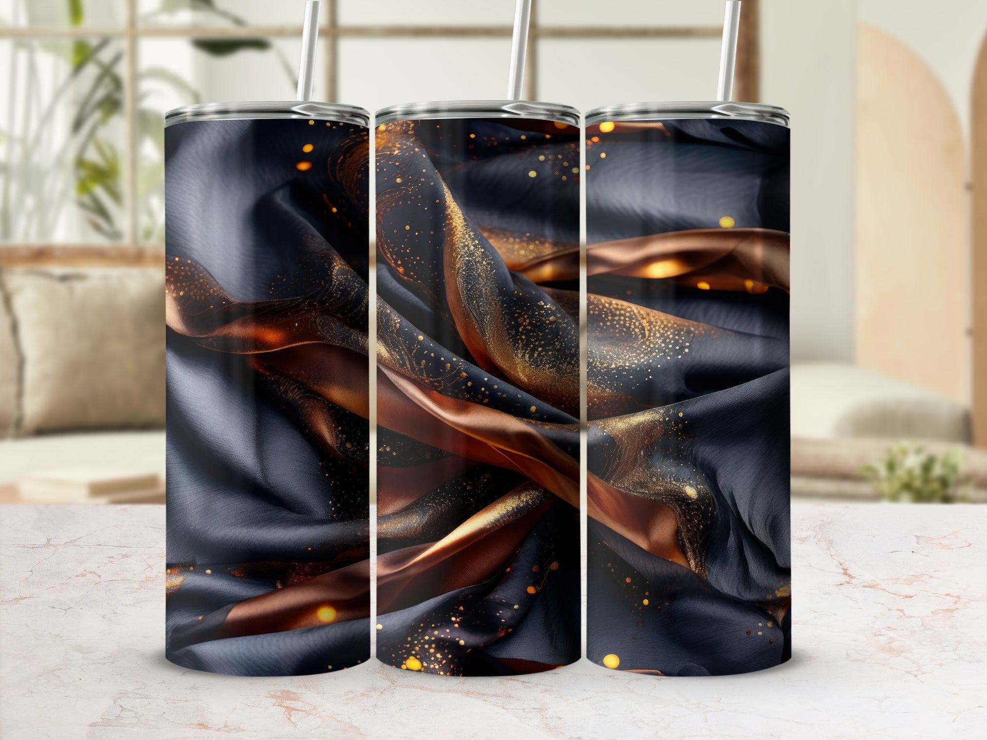 Dark blue fabric with gold accents and sparkles on a tumbler.