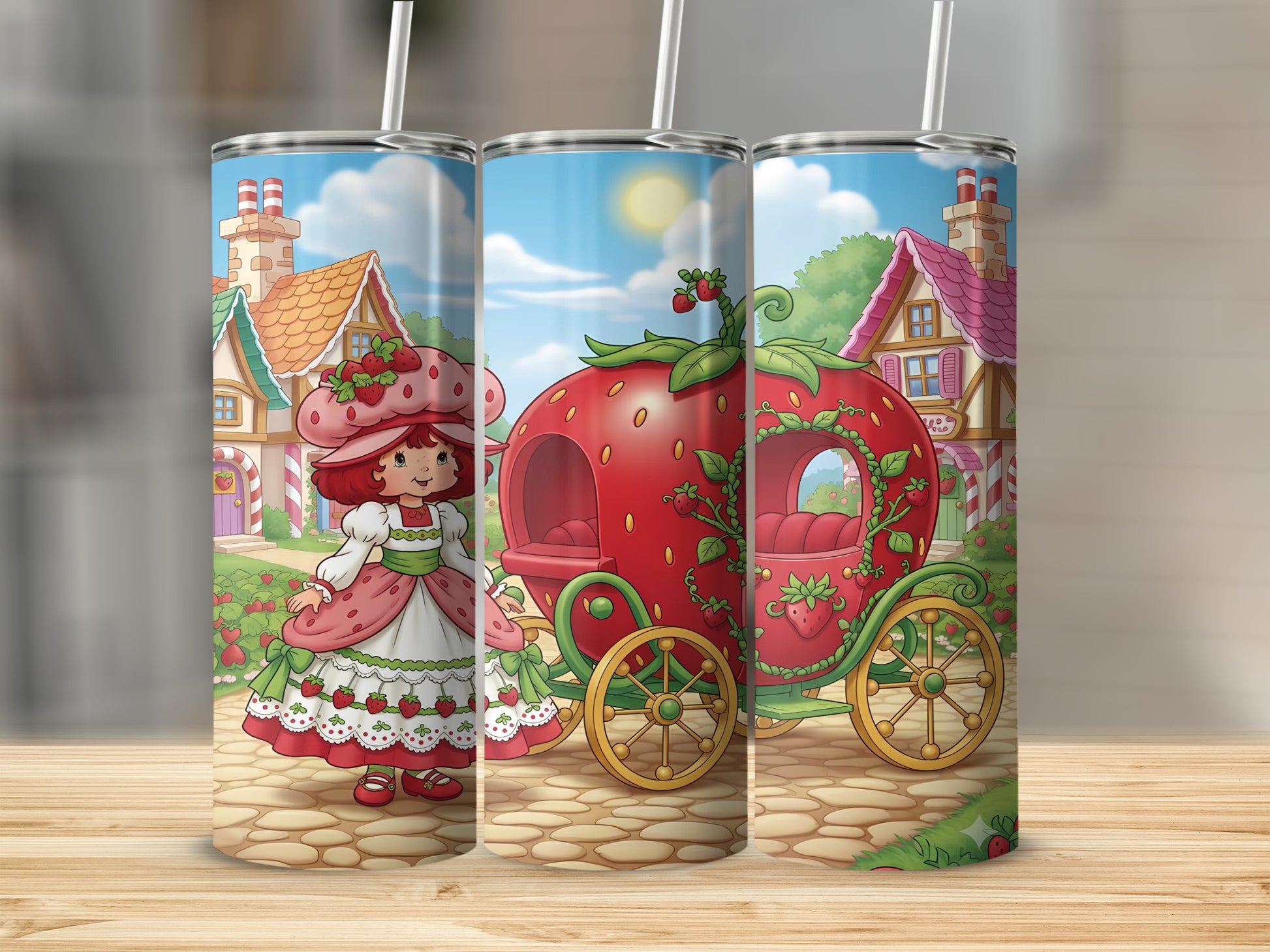 Strawberry Shortcake character with strawberry carriage in a village scene.