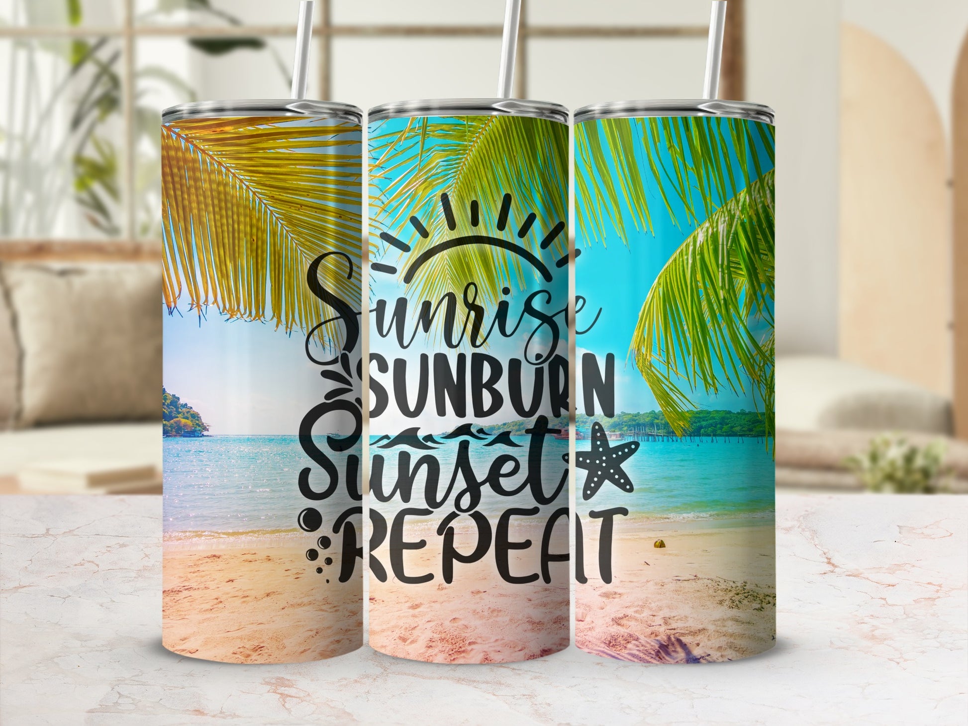 Tumbler with "Sunrise Sunburn Sunset Repeat" text on beach scene.