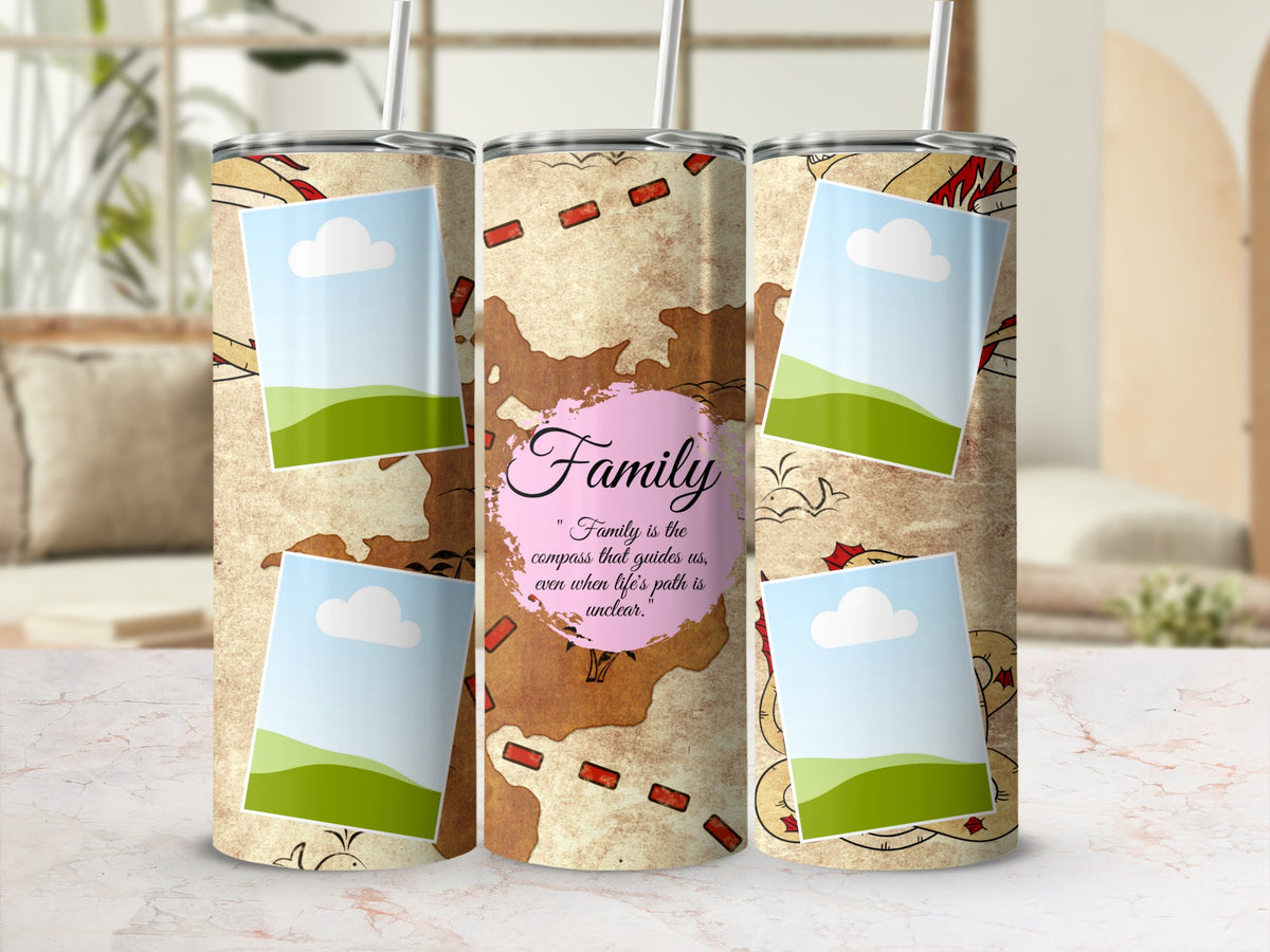 Tumblers with a vintage map design and family quote.