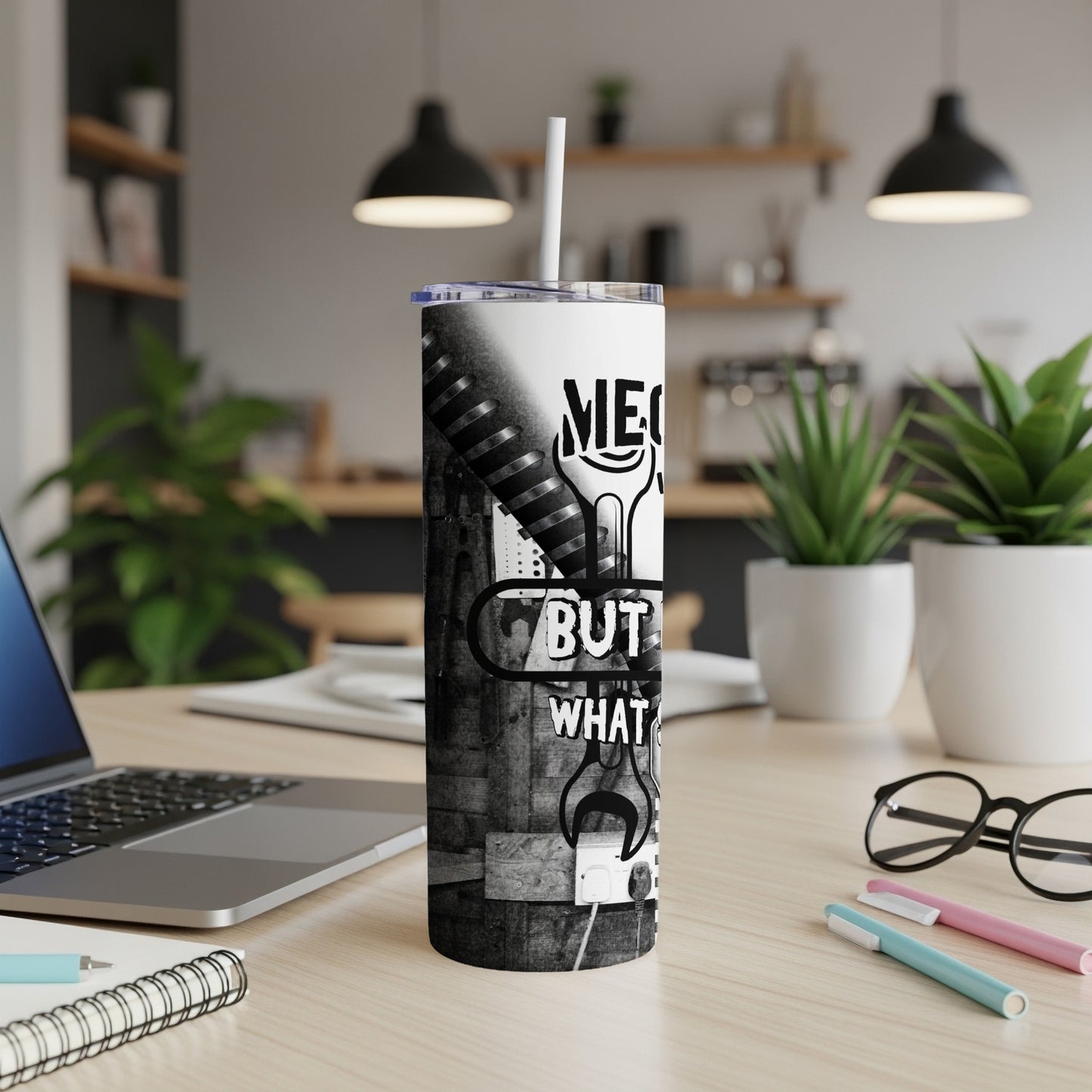 Black and white tumbler with wrench graphic and text "MECH BUT WHAT IF"