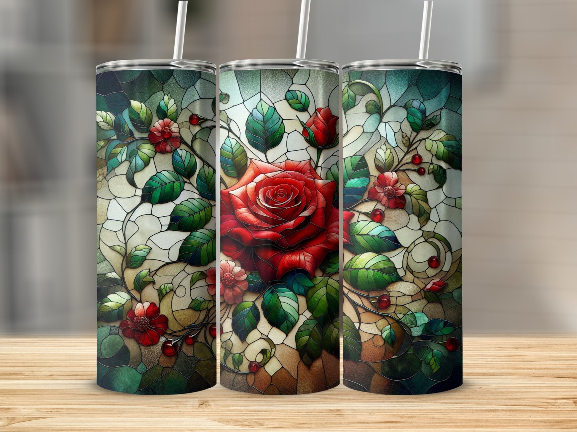 Three tumblers with red roses and green leaves stained glass design.
