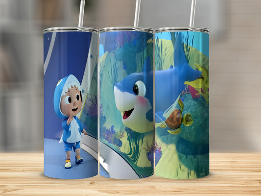 Cartoon shark and friends on a tumbler with a wooden background.