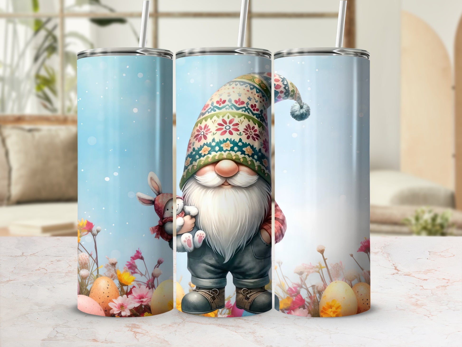 Cute Gnome Tumbler with Flowers and Easter Eggs Design