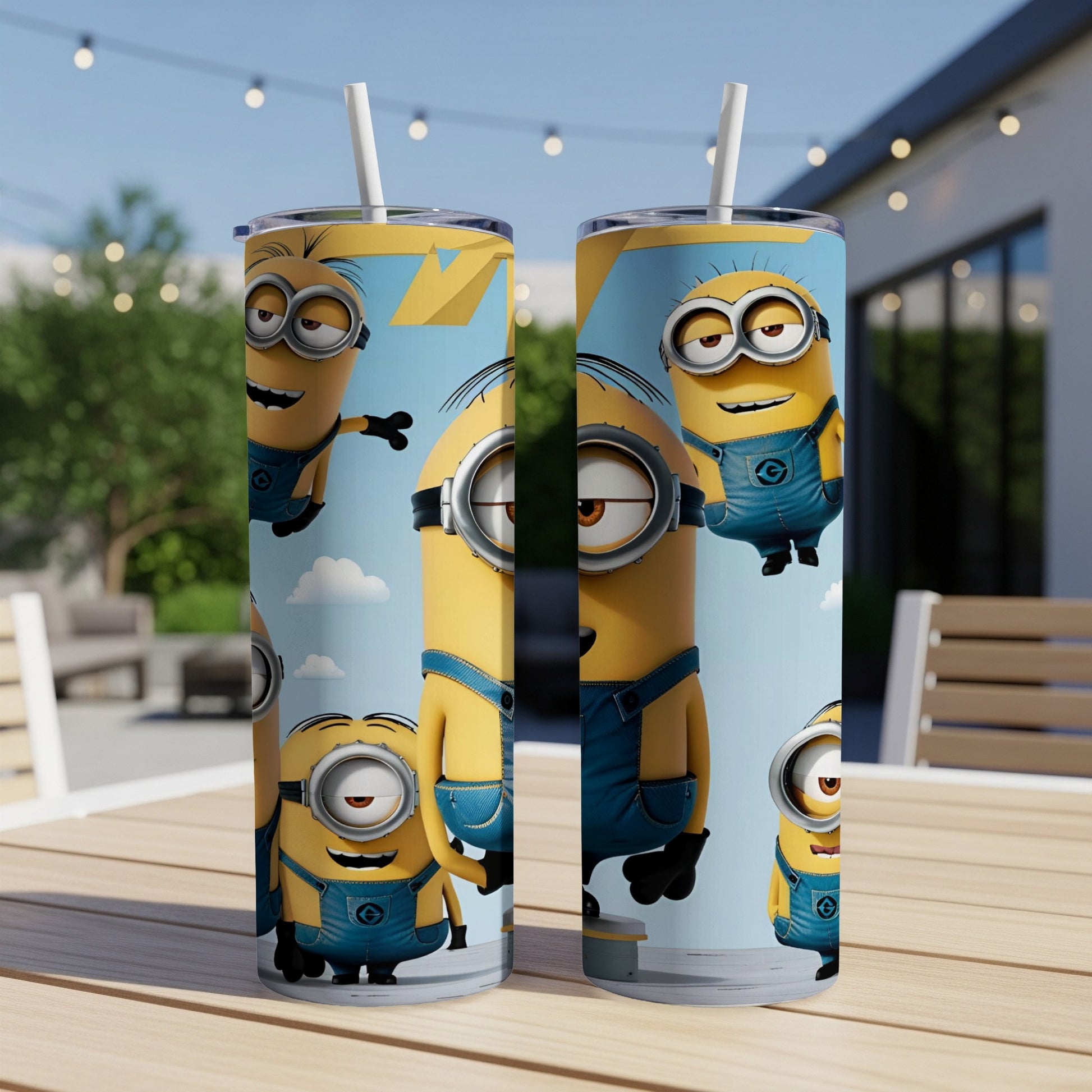 Two Minion characters on a blue background with clouds, on a skinny tumbler.