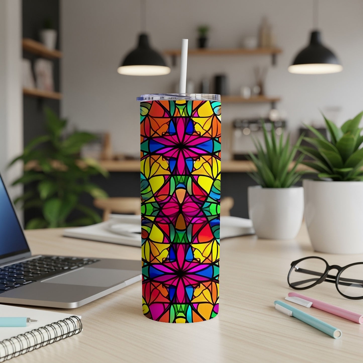 Colorful stained glass pattern on a skinny tumbler with a straw.
