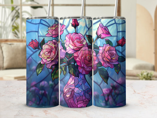 Three tumblers featuring a stained glass rose bouquet design.