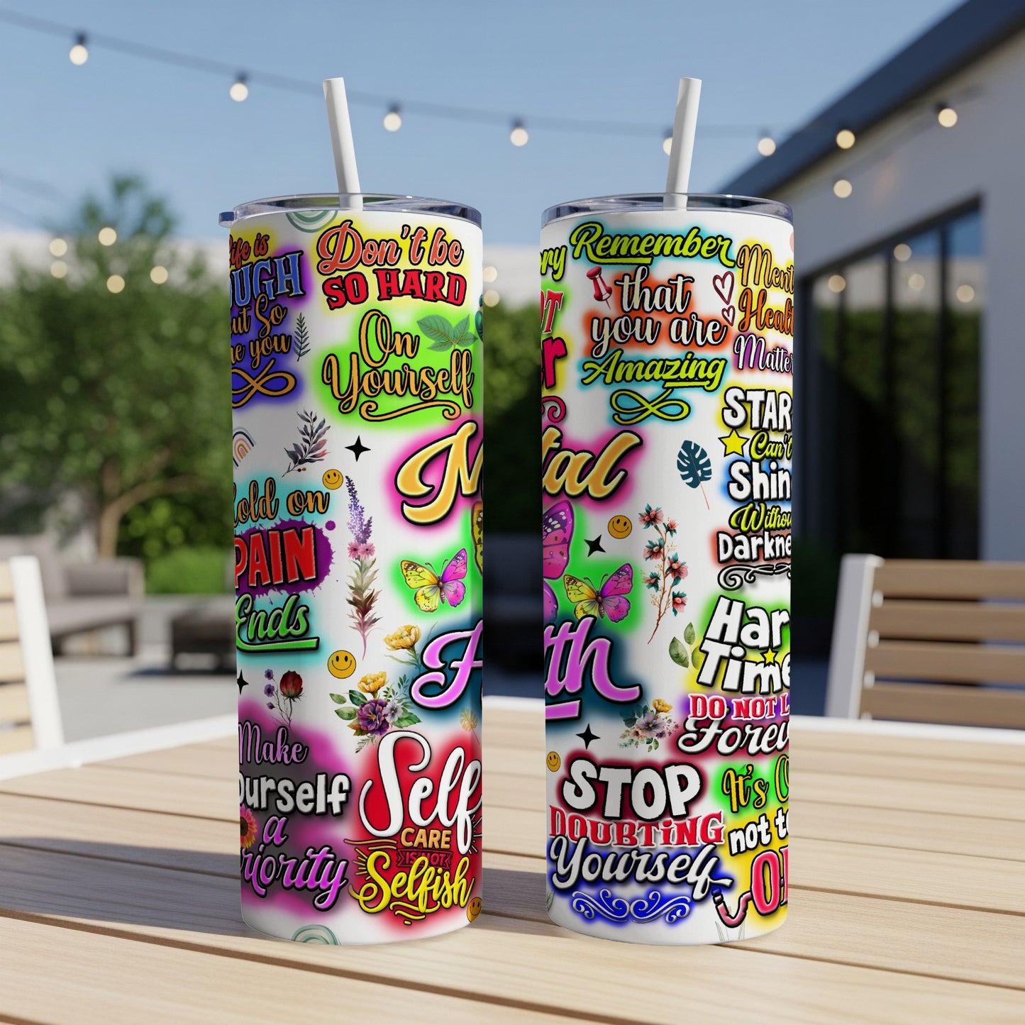 Tumbler with colorful motivational text and butterflies, "Self" prominent.