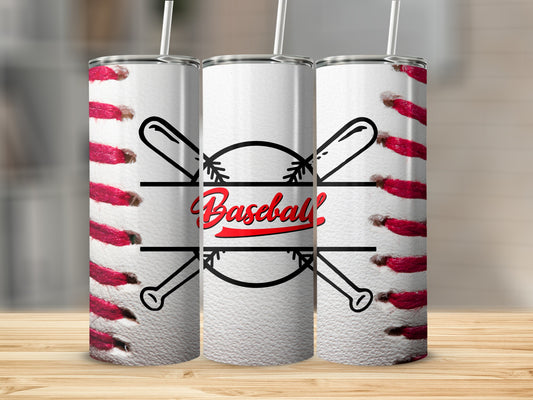 Baseball-themed tumbler with detailed stitching design