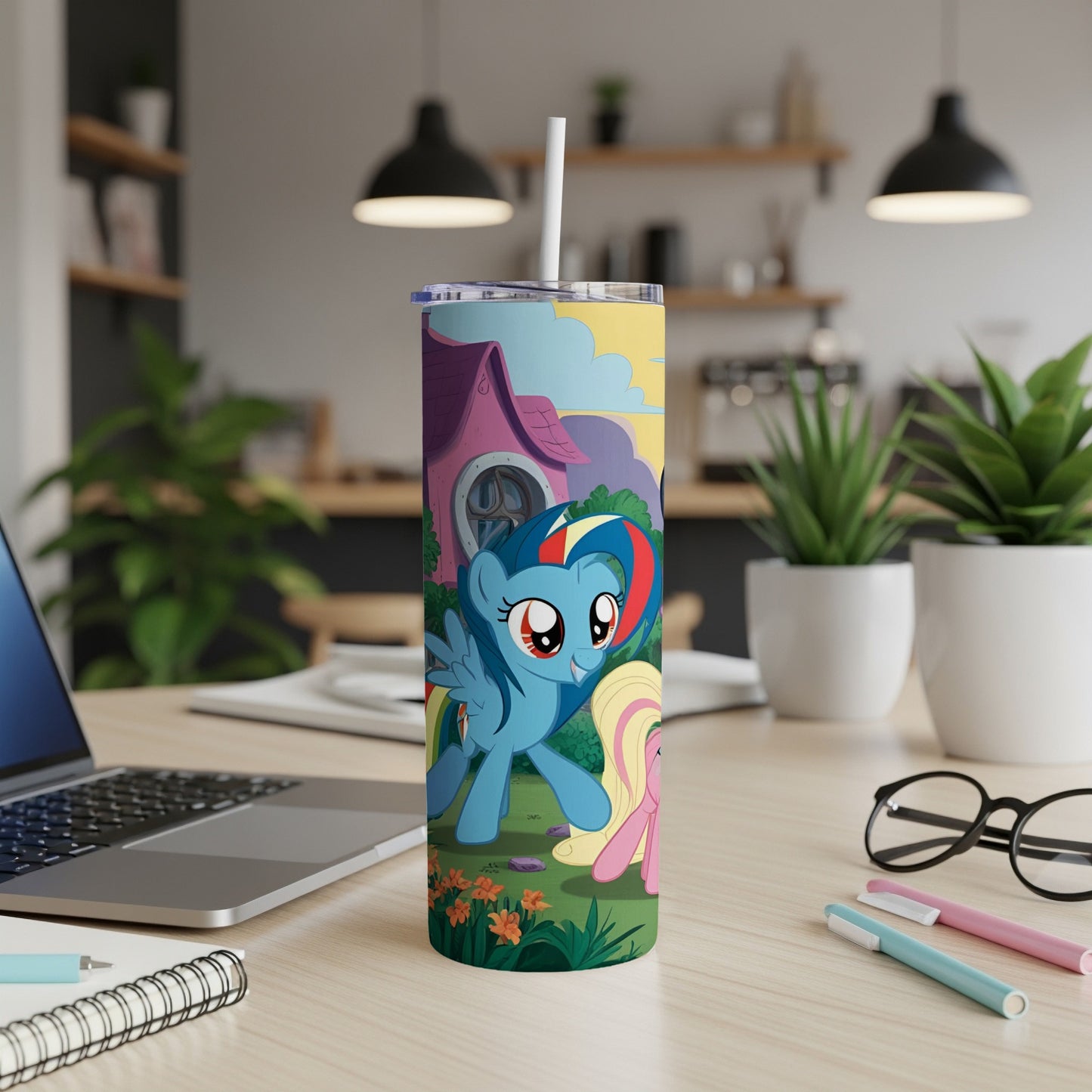My Little Pony tumbler featuring Rainbow Dash and Pinkie Pie characters.