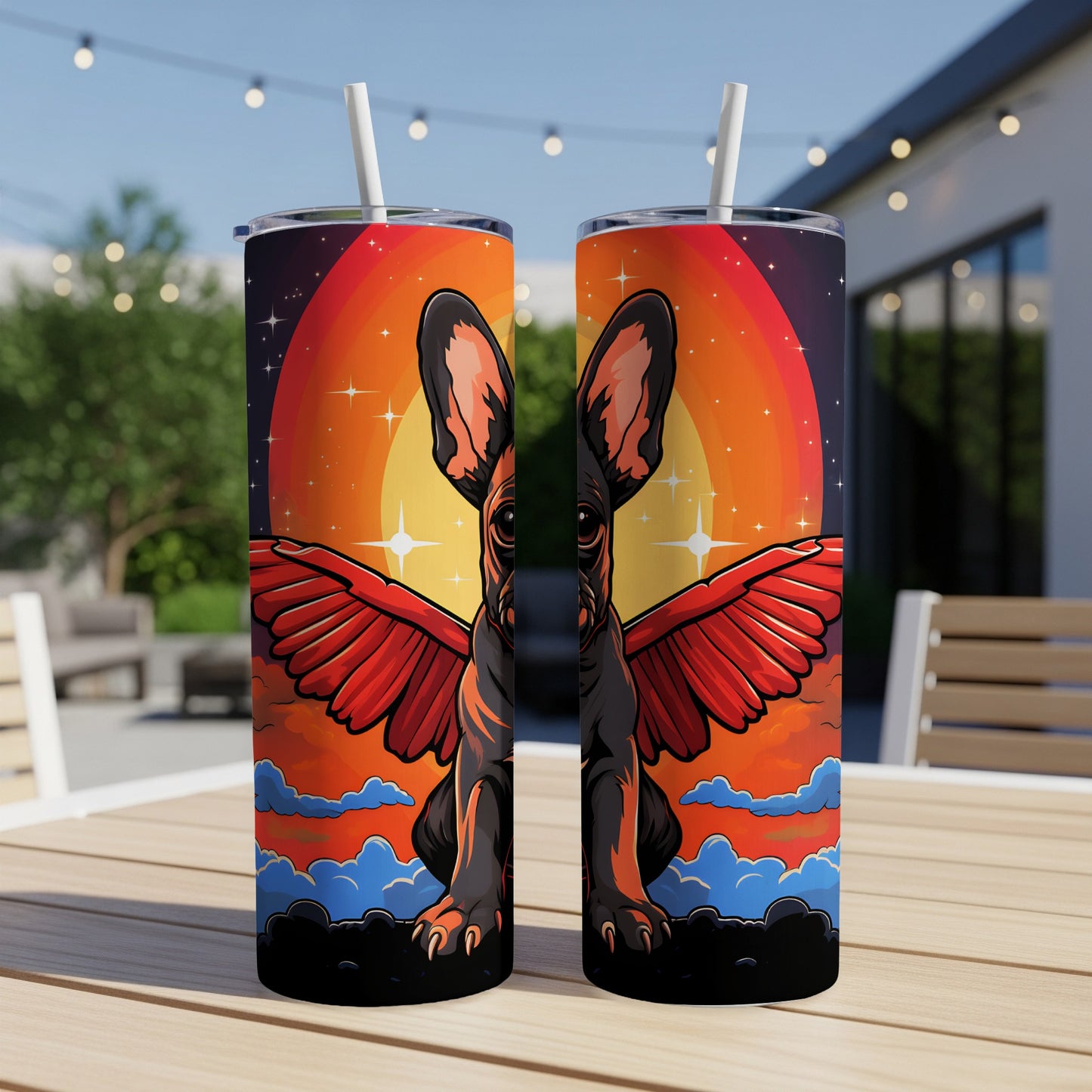 Two tumblers with a French Bulldog wearing red angel wings against a sunset backdrop.