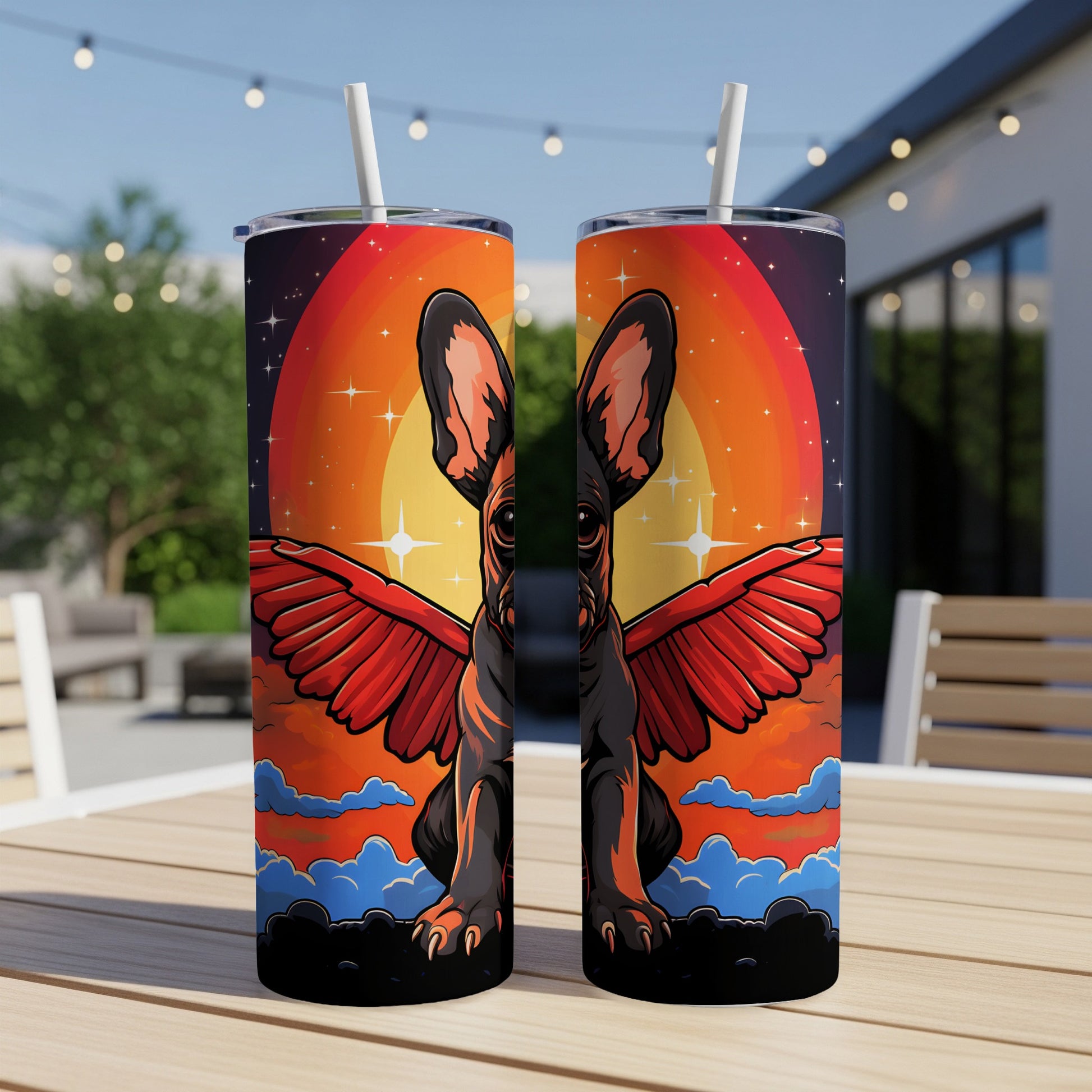 Two tumblers with a French Bulldog wearing red angel wings against a sunset backdrop.