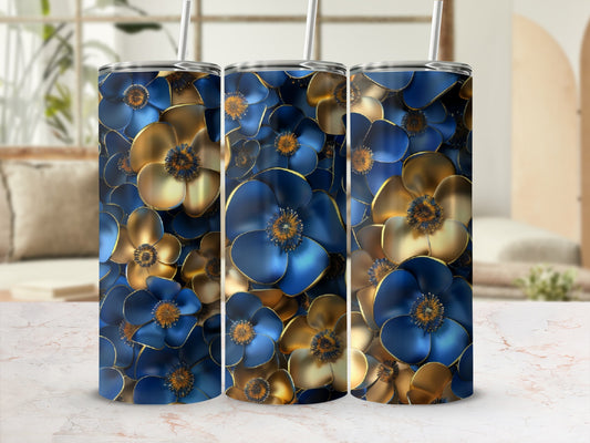 Three tumblers with a repeating pattern of blue and gold flowers.