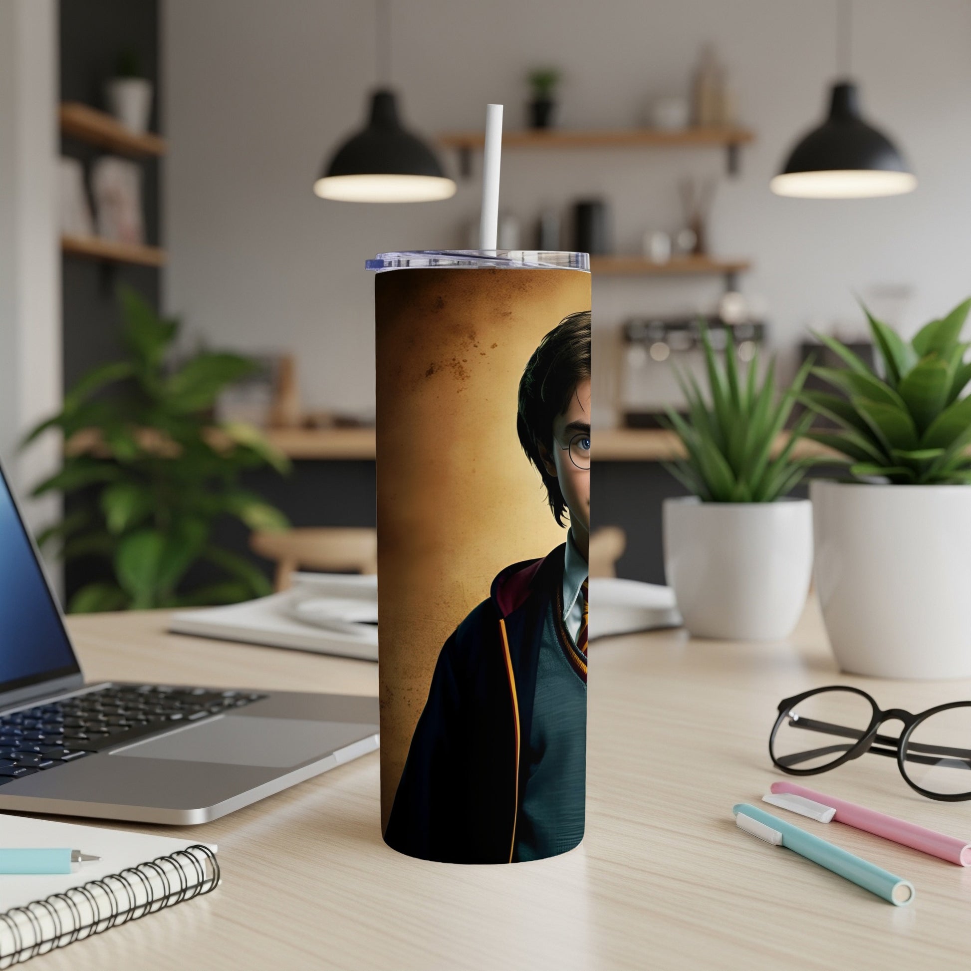 Harry Potter character portrait on a tall tumbler with straw.