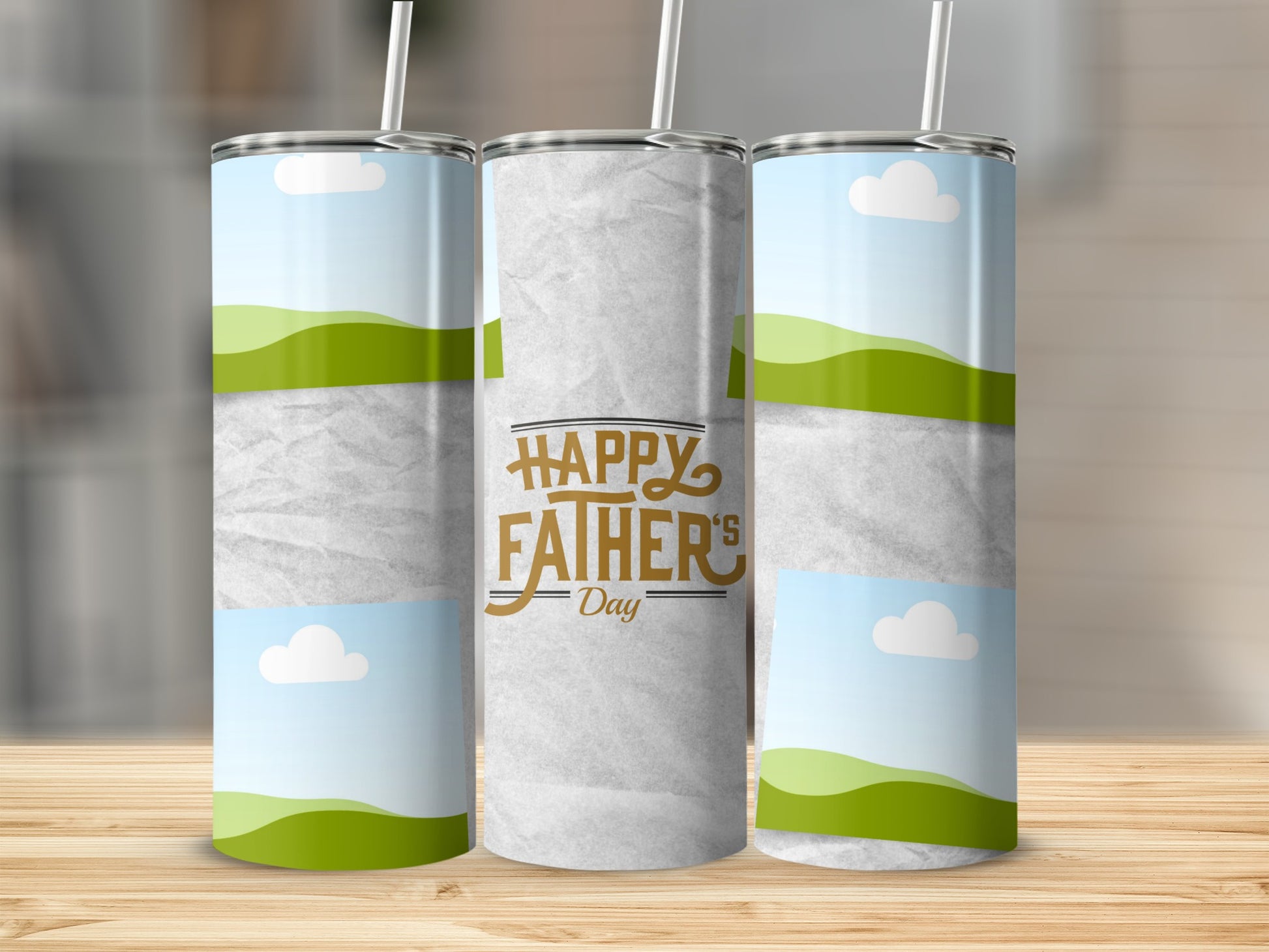Three tumblers with landscape wraps, one with "Happy Father's Day" text.