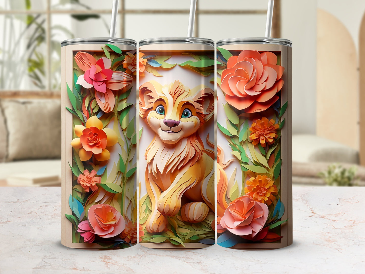 Cute Lion Surrounded by Colorful Flowers Tumbler