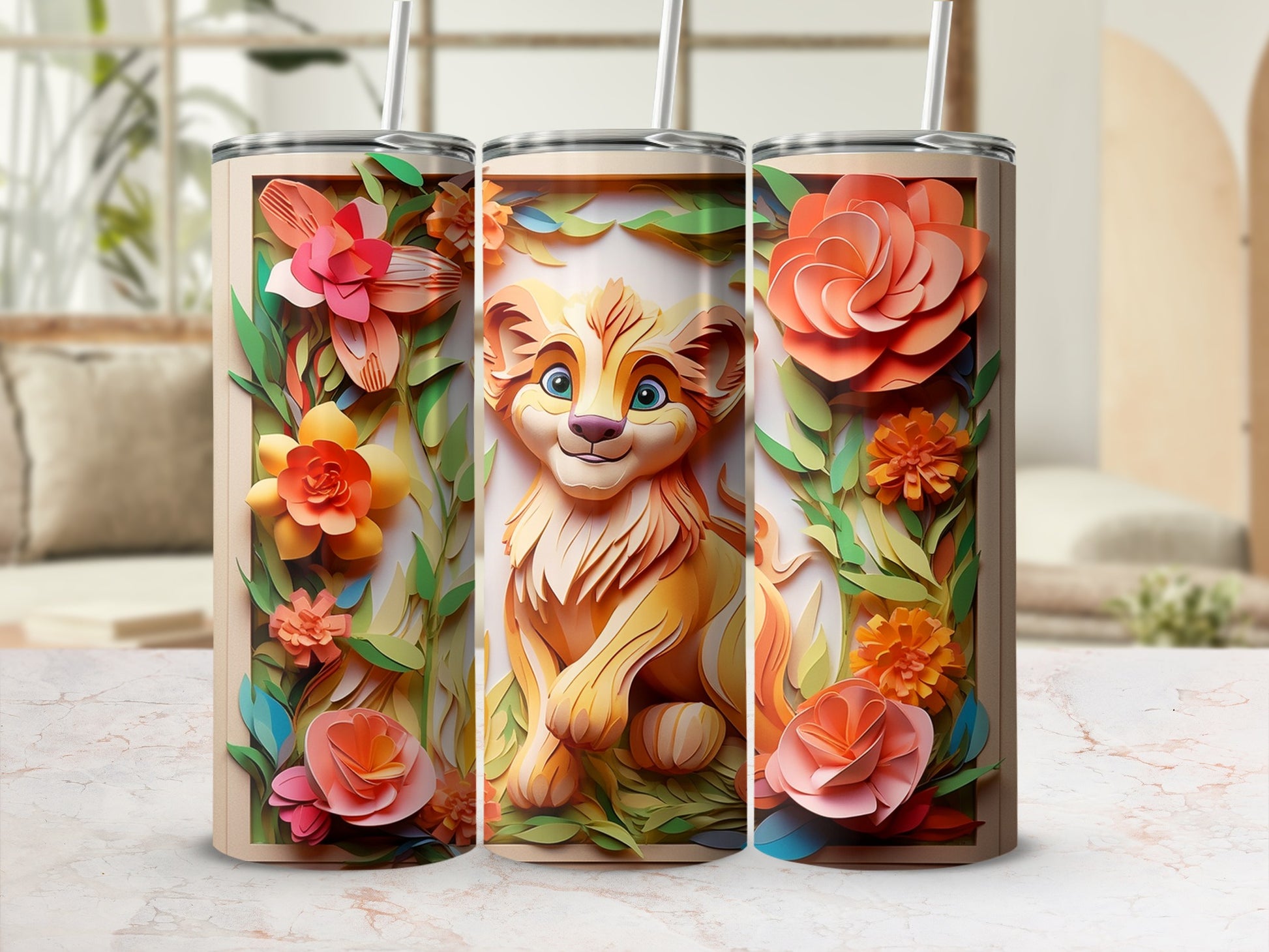 Cute Lion Surrounded by Colorful Flowers Tumbler
