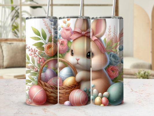 Easter bunny with painted eggs in a basket surrounded by flowers.