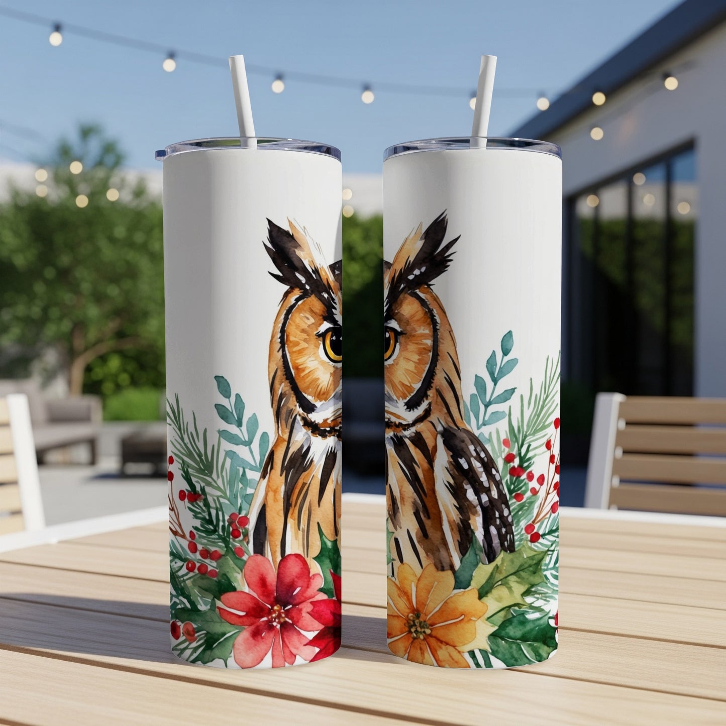 Two tumblers with owl and floral Christmas design.