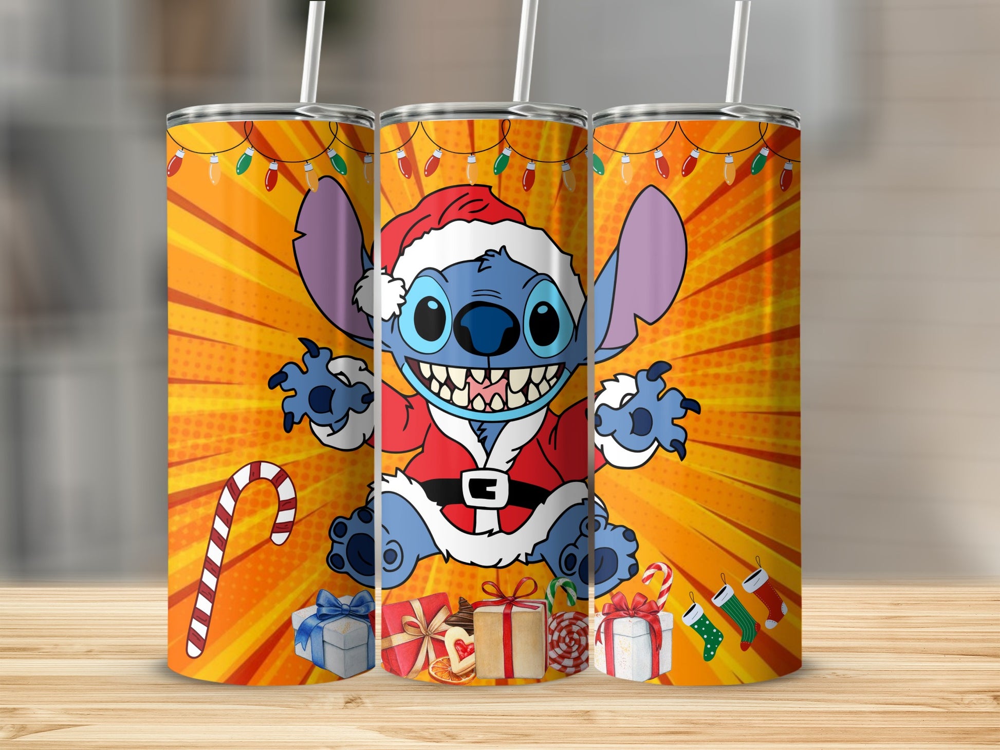 Santa Stitch Christmas Gifts and Candy Cane Tumbler