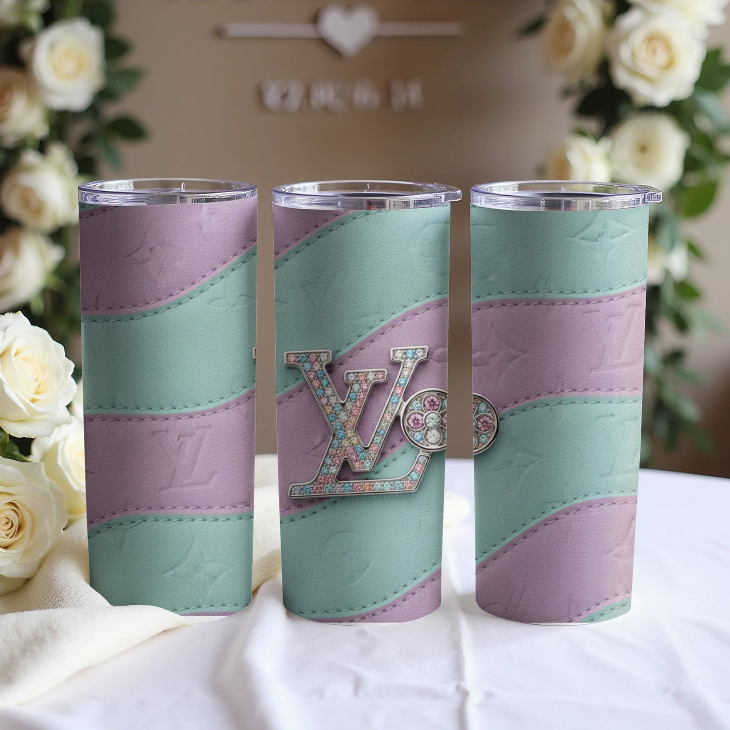 Lavender and Mint Swirl Tumbler with Gemstone Logo
