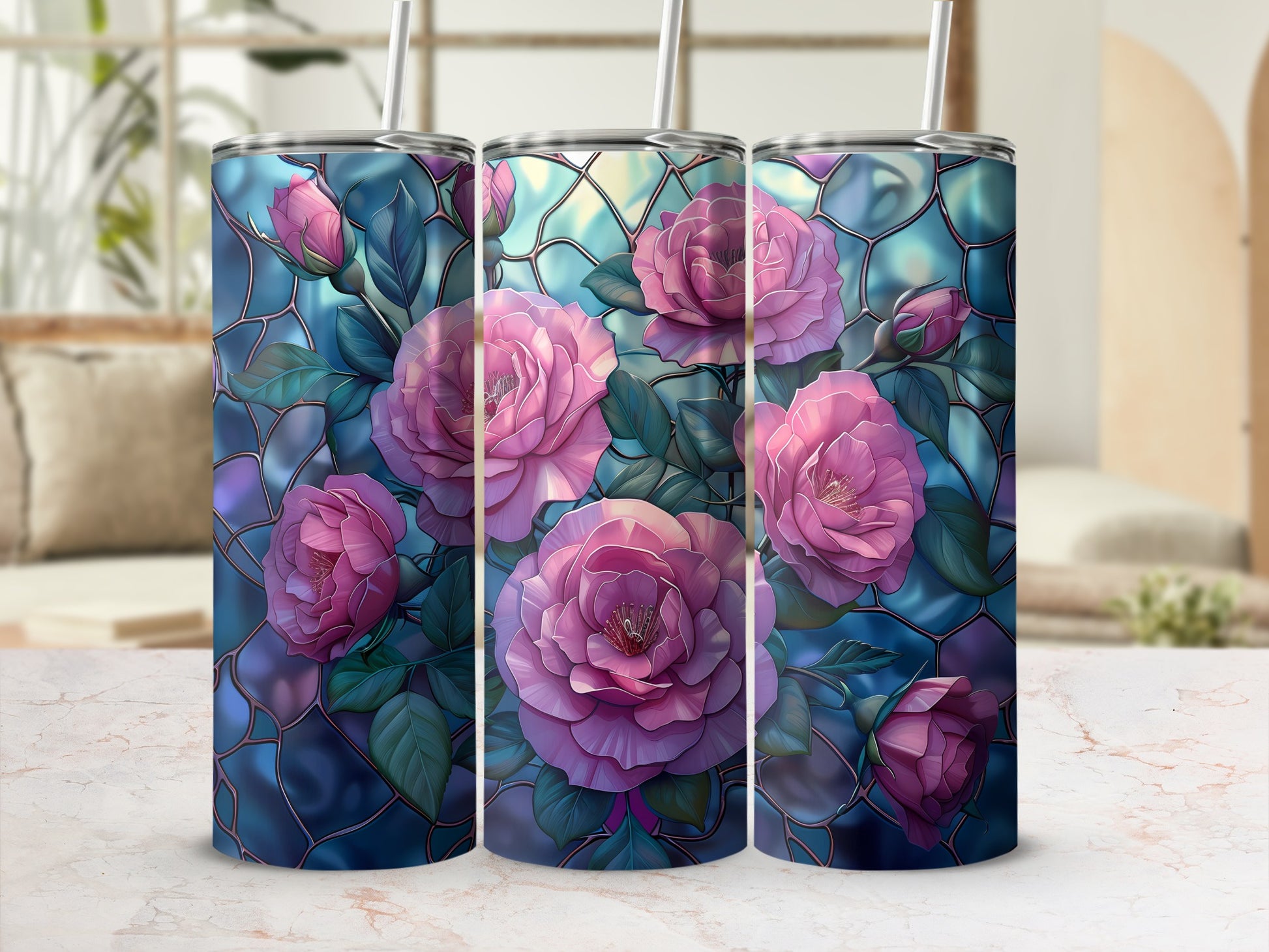 Three tumblers with a stained-glass rose floral design.