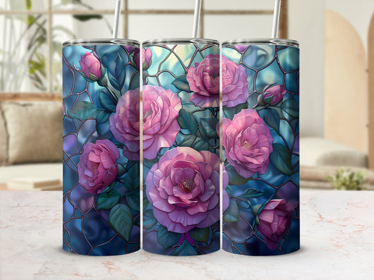 Three tumblers with a stained-glass rose floral design.