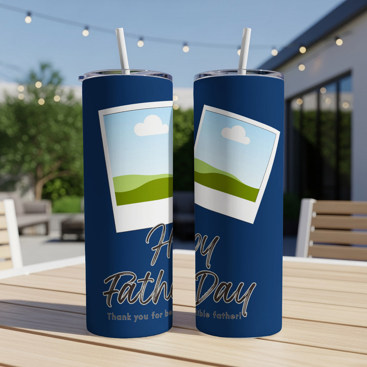Navy tumblers with "Happy Father Day" text and placeholder photo frames.