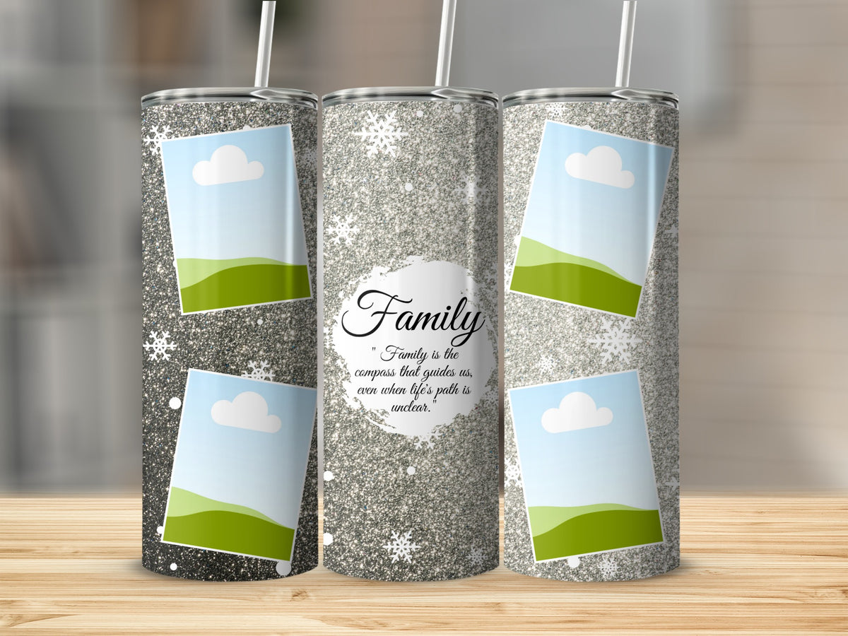 Three glitter tumblers with photo placeholders and "Family" quote.