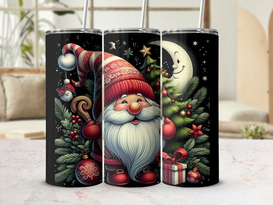 Santa Claus, Christmas tree, crescent moon, and presents on a dark background.