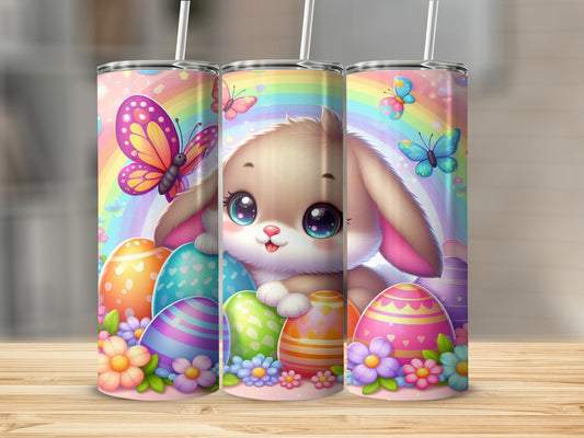 Cute bunny with colorful Easter eggs and butterflies on a rainbow background.