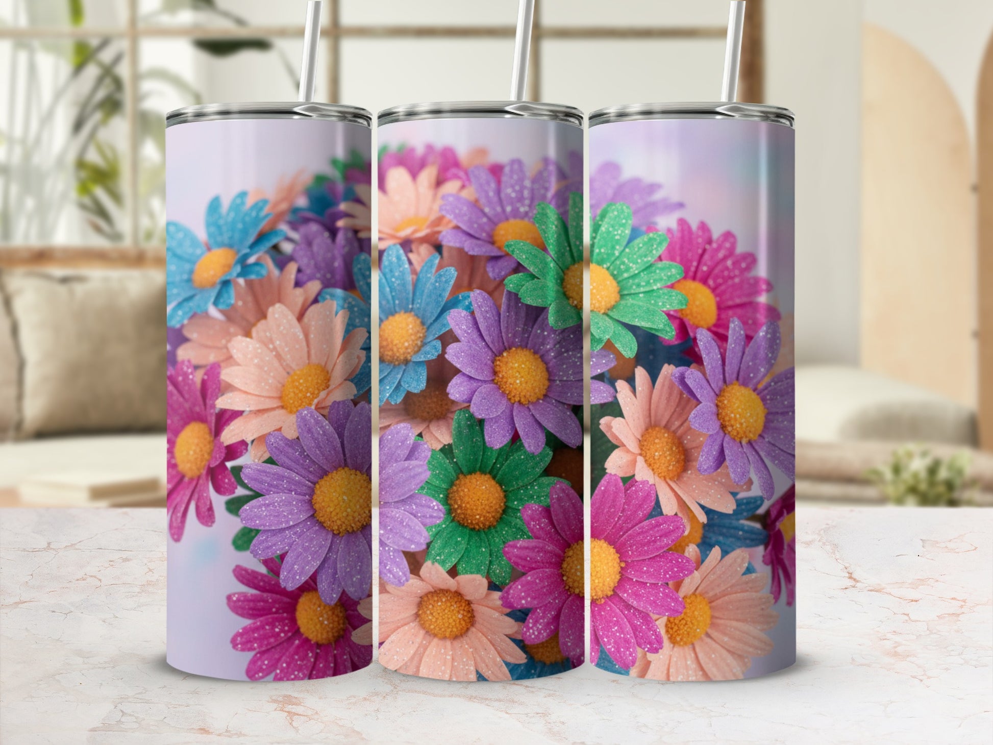 Colorful Daisy Flower Pattern Tumbler with Straw Product