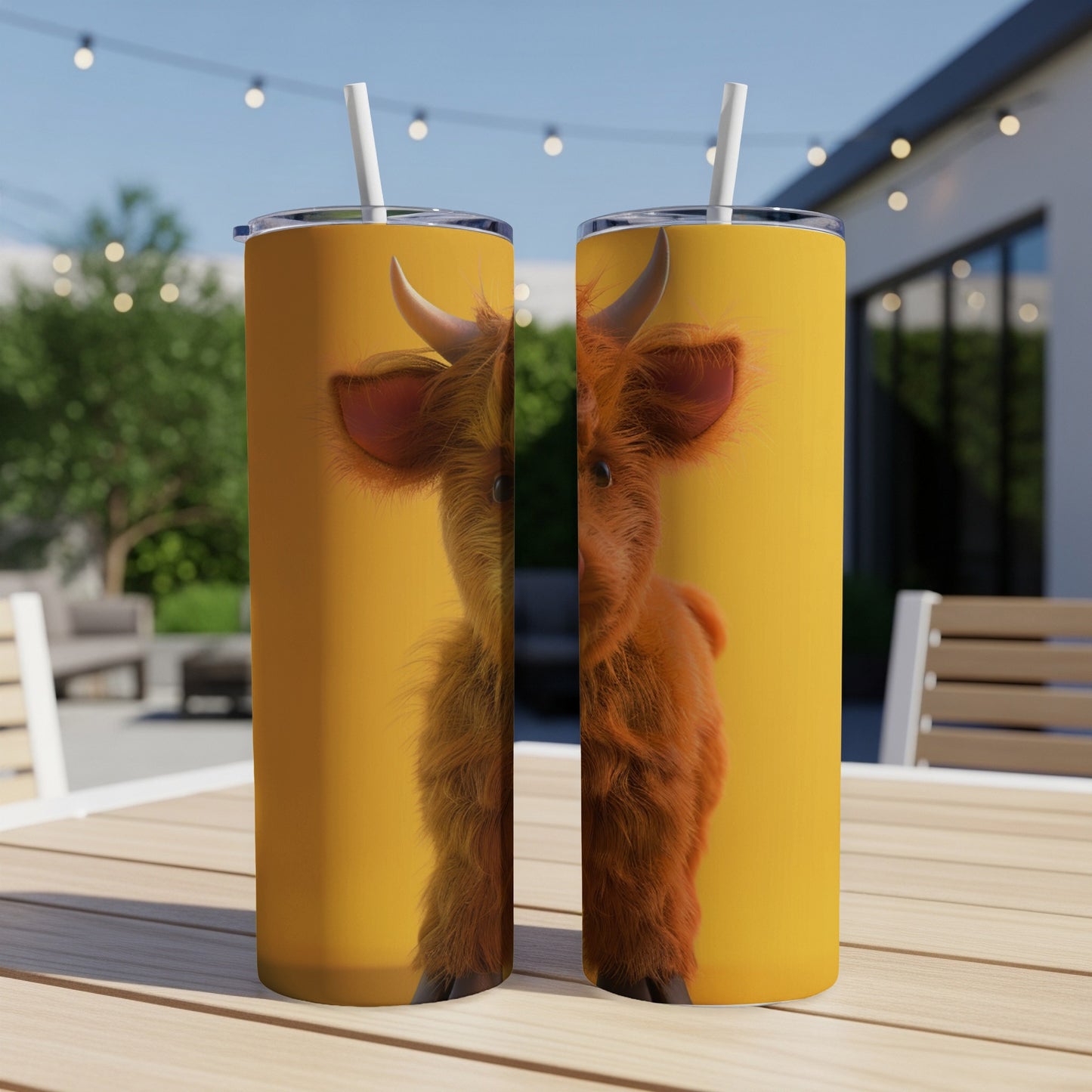 Fluffy Highland cow illustration on two yellow tumblers with straws.