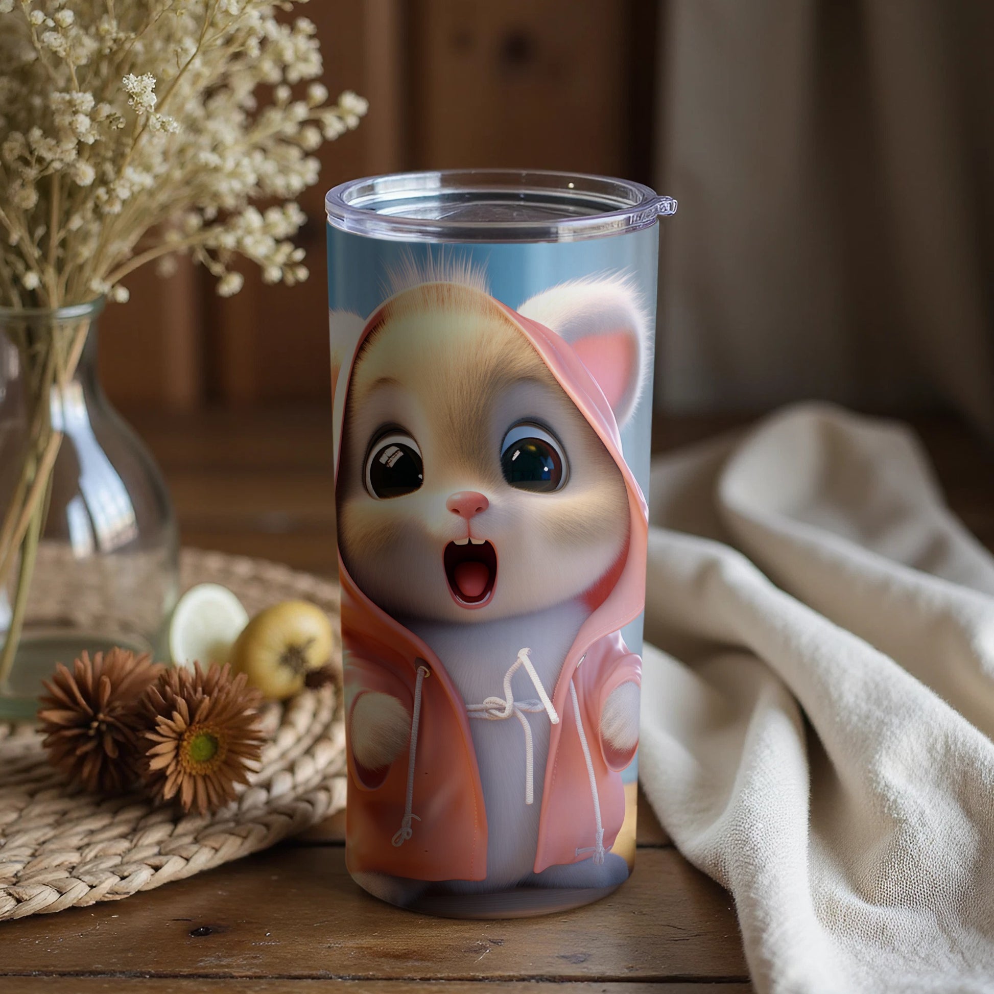 Adorable Hoodie Kitten Illustration on Beverage Tumbler