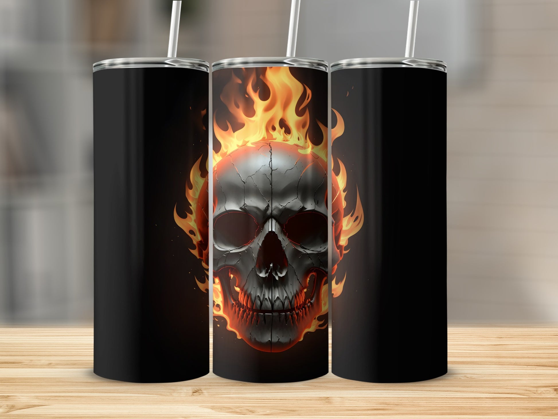 Black tumbler with a flaming skull design.