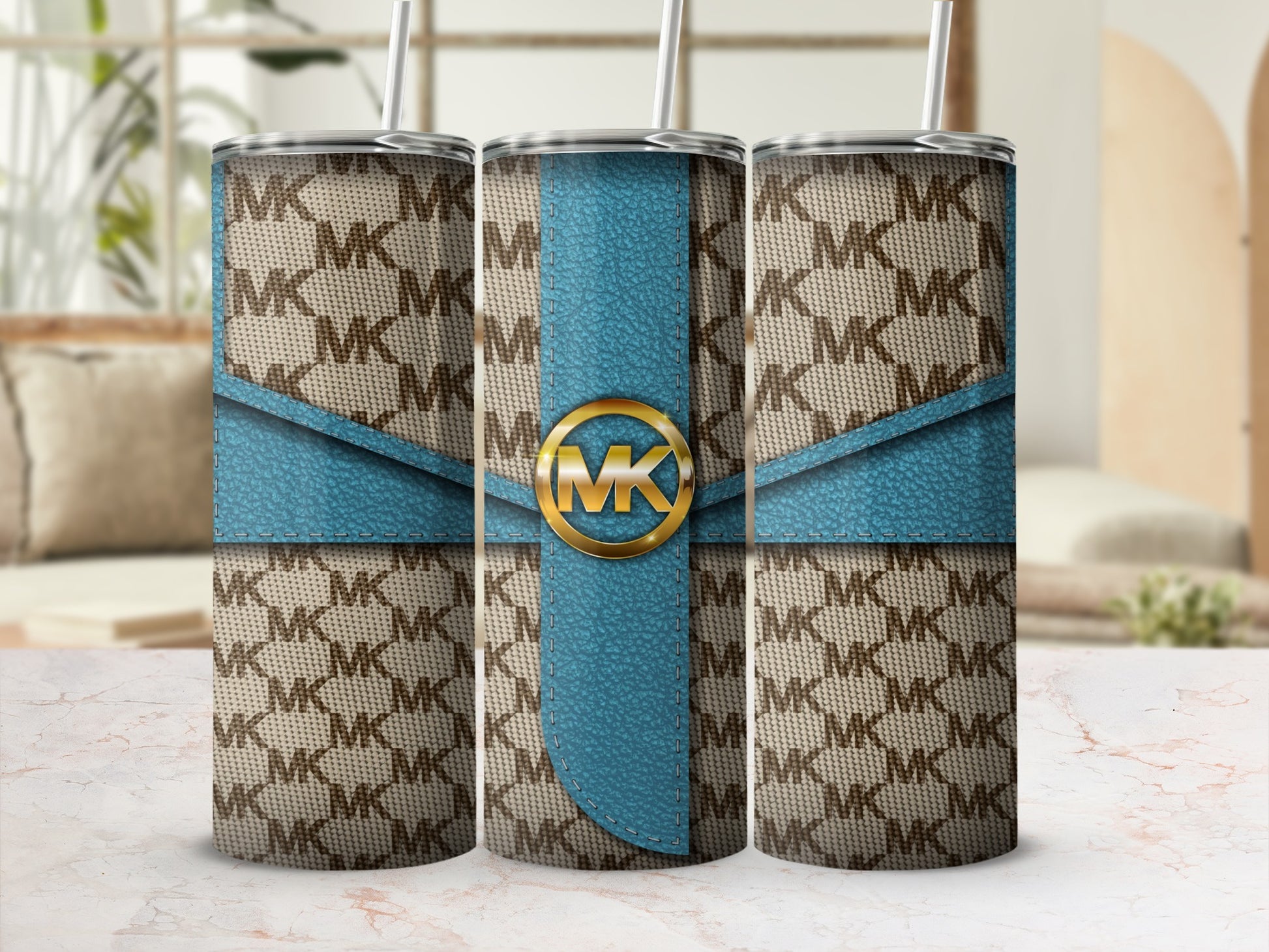 Stylish MK Patterned Tumbler with Blue Accents Product