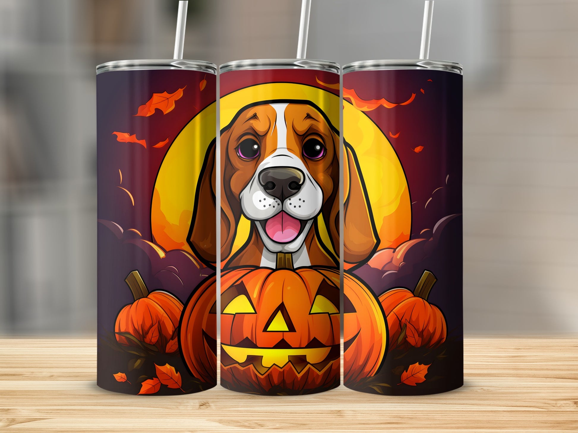 Beagle with pumpkins and jack-o'-lanterns against a harvest moon background.