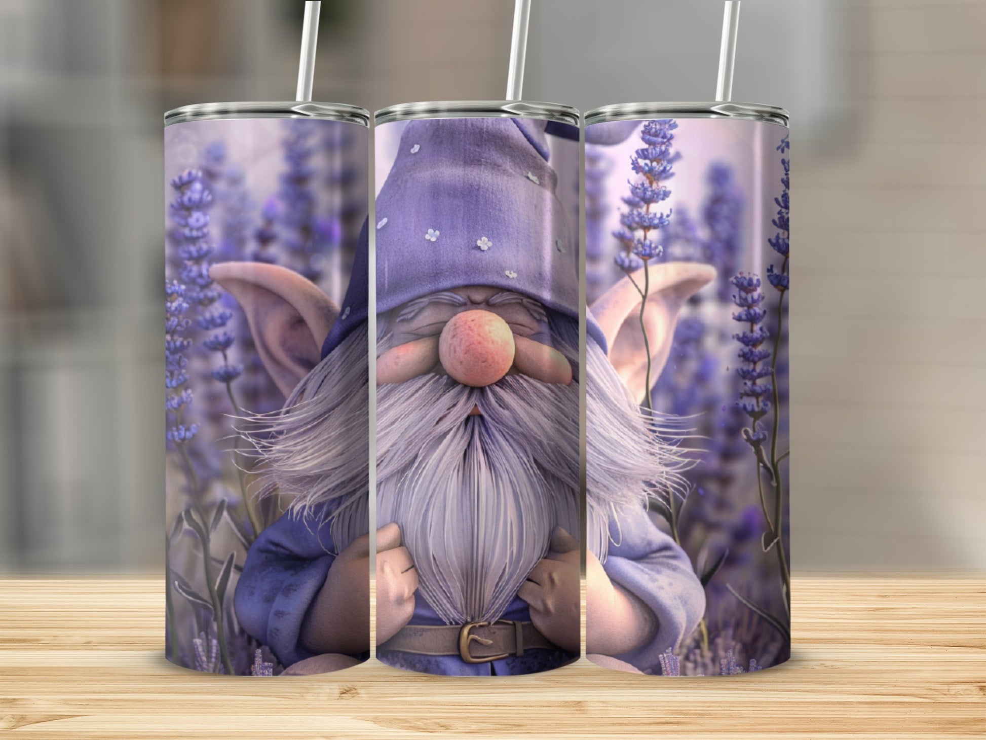 Lavender gnome tumbler with fluffy white beard and purple hat.
