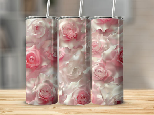 Three tumblers with a pink and white rose floral pattern.