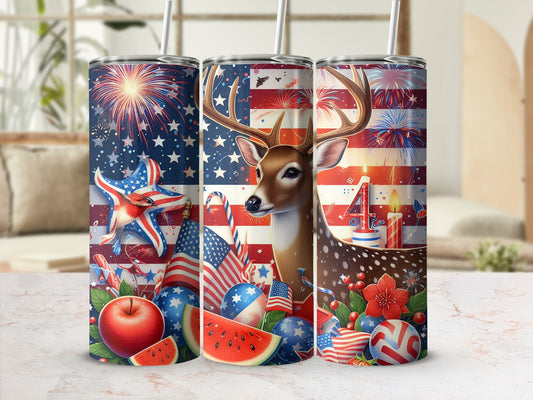 Deer and patriotic elements on a tumbler design with fireworks and USA flags.