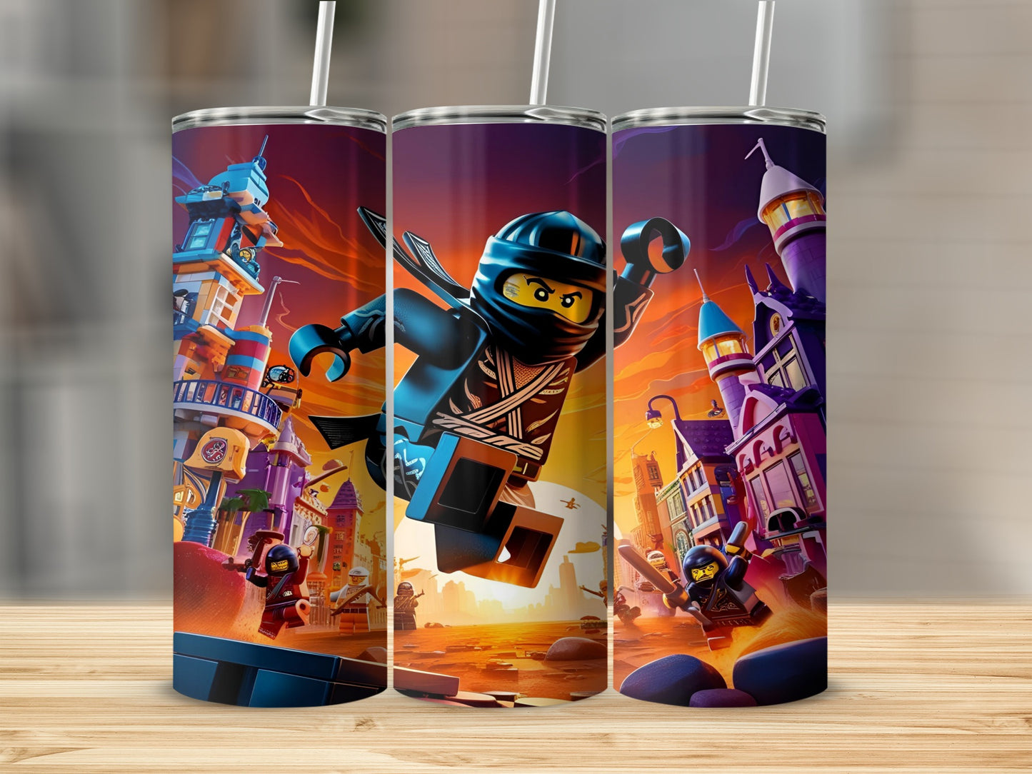 LEGO Ninjago characters in action poses against a city backdrop.