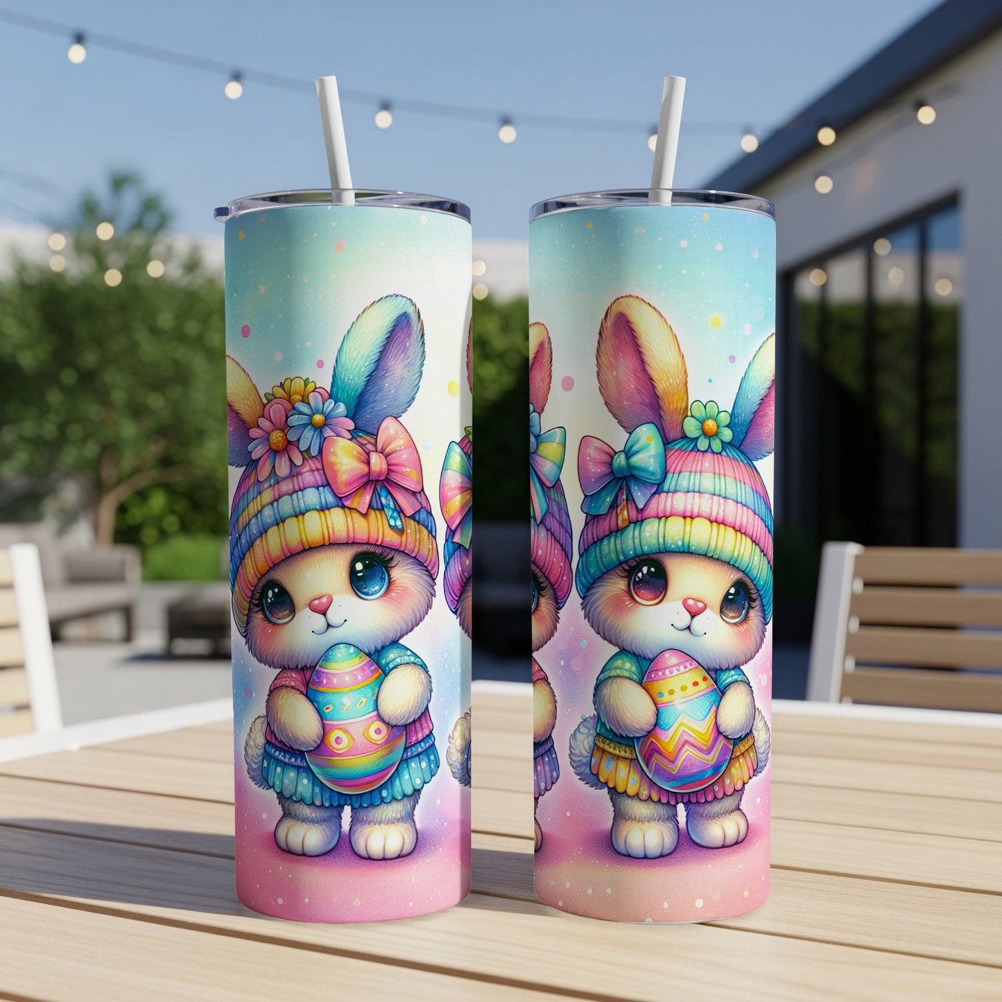 Two tumblers with cute bunny characters holding colorful Easter eggs.