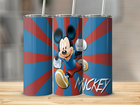 Three Mickey Mouse tumblers with a red and blue radial background.