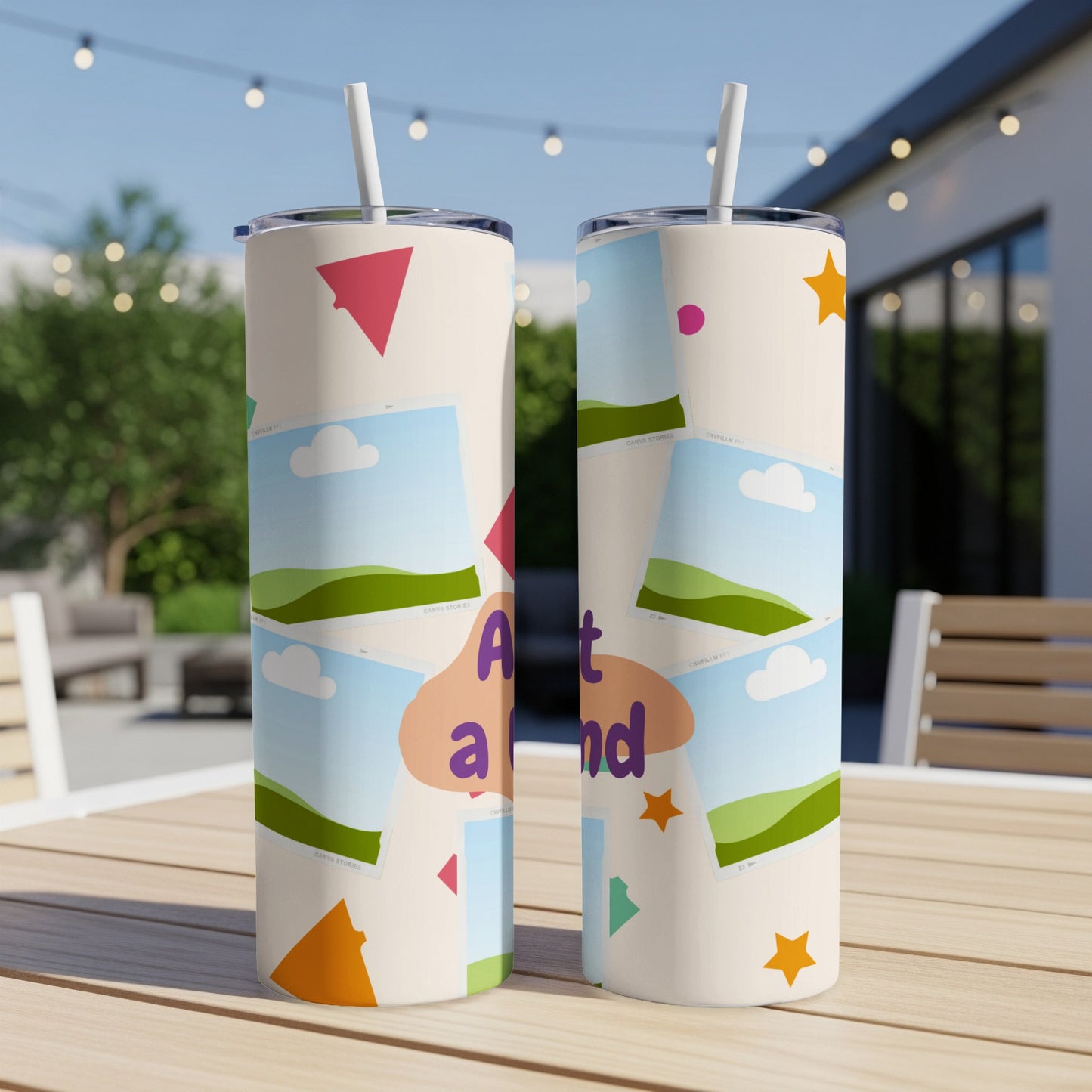 Two tumblers with cartoon landscape photos and geometric shapes, reading "Art and".