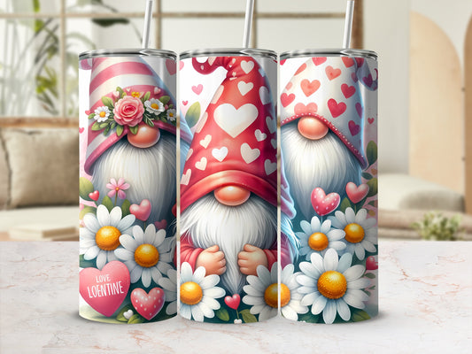 Three Valentine's Day gnomes with hearts and flowers.
