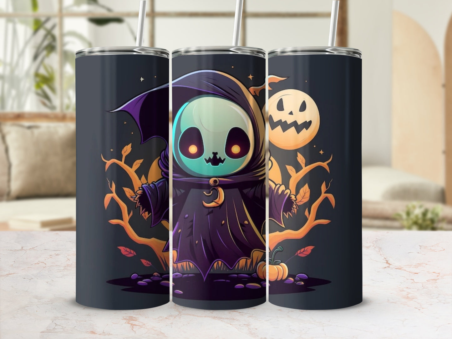 Halloween tumbler with cute grim reaper character, moon, pumpkin, and autumn leaves.