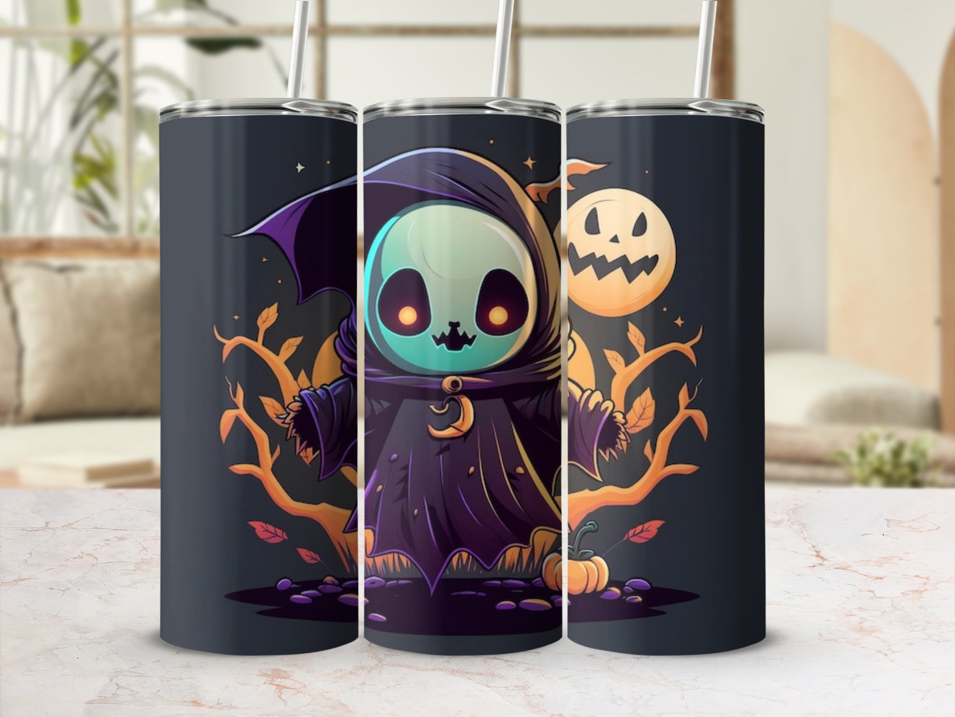 Halloween tumbler with cute grim reaper character, moon, pumpkin, and autumn leaves.