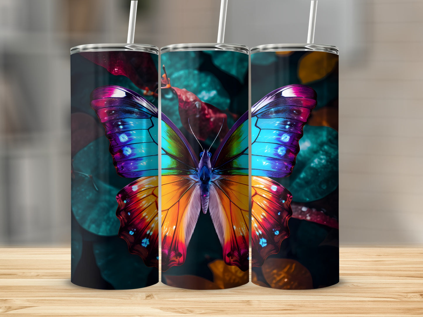 Three tumblers with vibrant butterfly wings design on a blurred floral background.